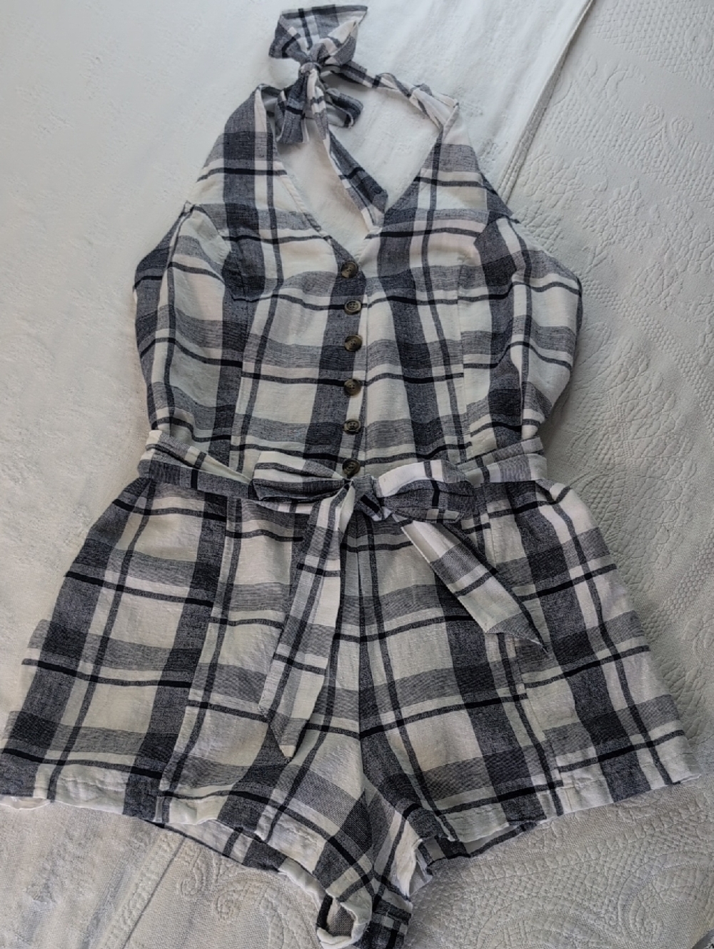 American Eagle Outfitters White and Navy Plaid Romper